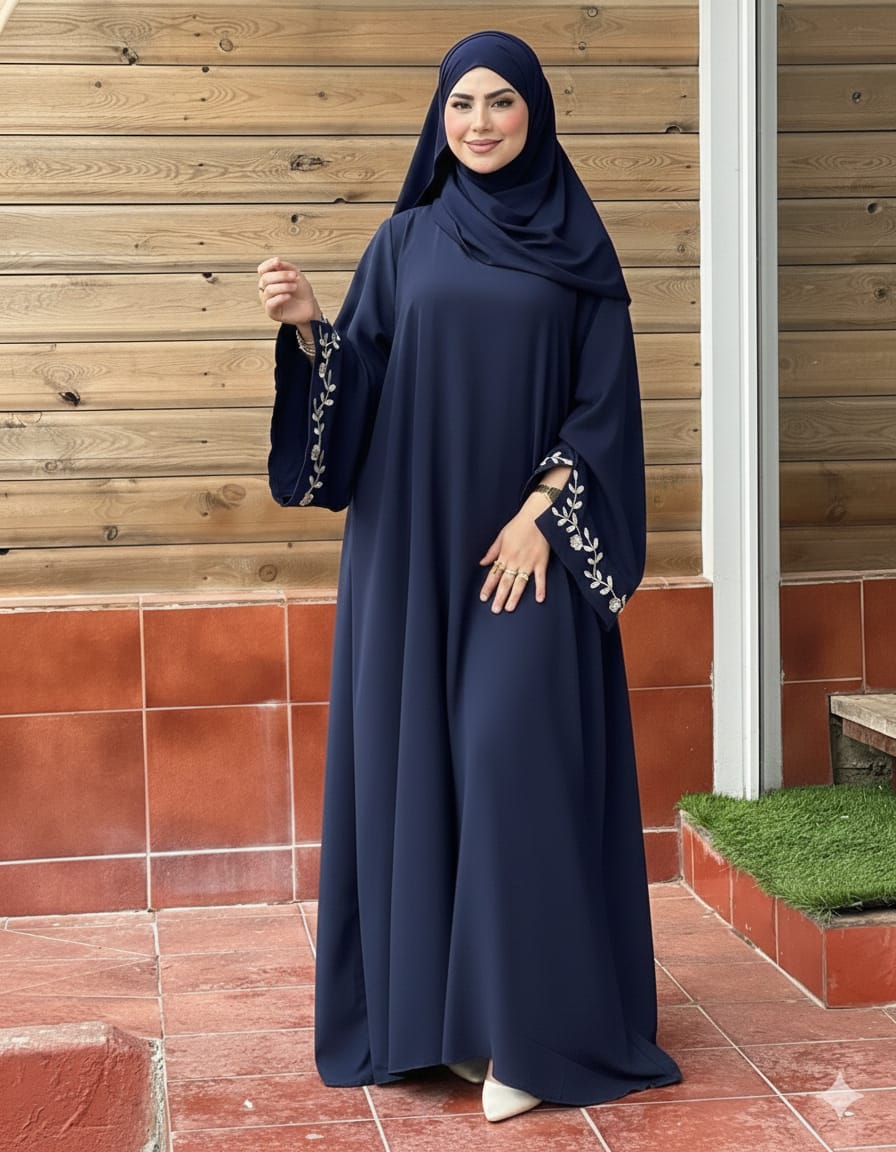 Premium Navy Blue Floral Bloom Embroidered Abaya