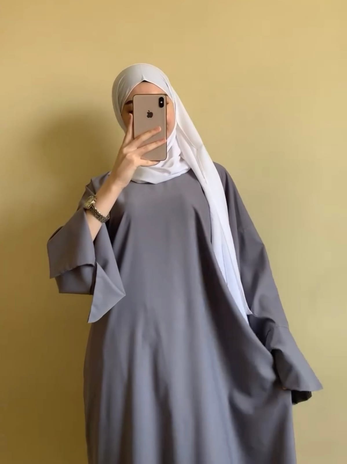 GREY CUT SLEEVES BASIC ABAYAB WITH WHITE SCARF