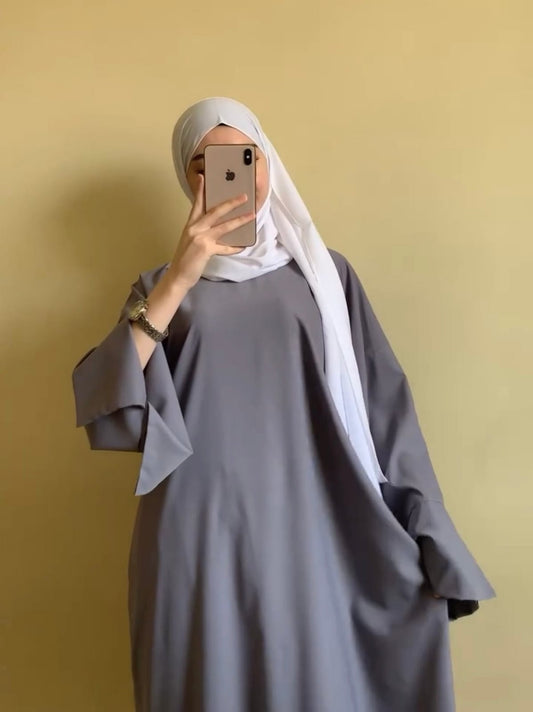 GREY CUT SLEEVES BASIC ABAYAB WITH WHITE SCARF